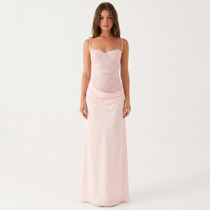 Satin Maxi Dress - Lace Bustier Strappy Corset
