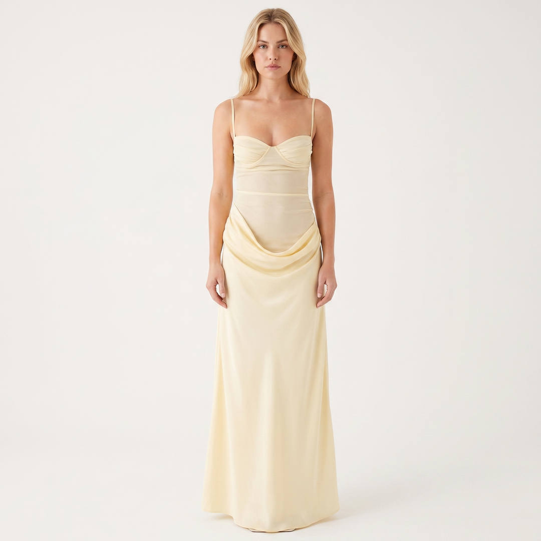 Satin Maxi Dress - Lace Bustier Strappy Corset