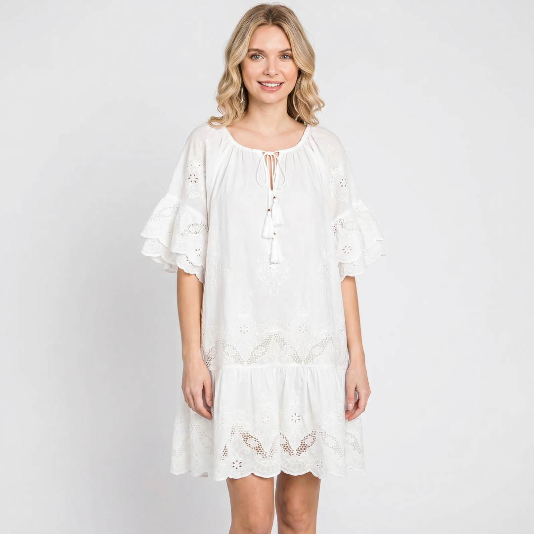 Eyelet Mini Dress - Tie Neck Flutter Sleeve Tiered