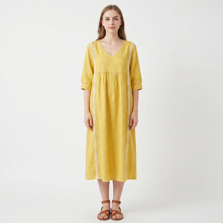Linen Midi Dress with Pockets - V Neck Lace Trim