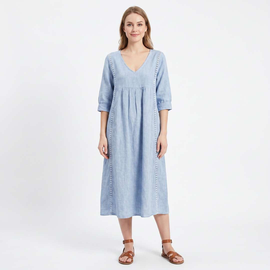Linen Midi Dress with Pockets - V Neck Lace Trim