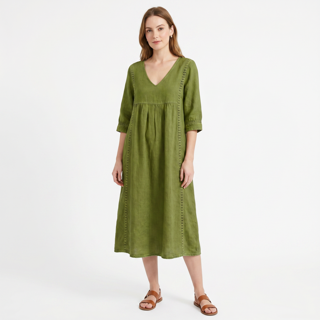 Linen Midi Dress with Pockets - V Neck Lace Trim