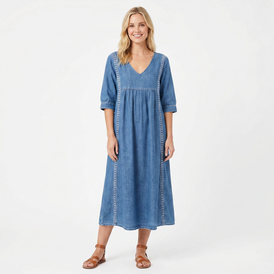 Linen Midi Dress with Pockets - V Neck Lace Trim