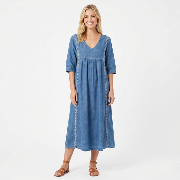 Linen Midi Dress with Pockets - V Neck Lace Trim