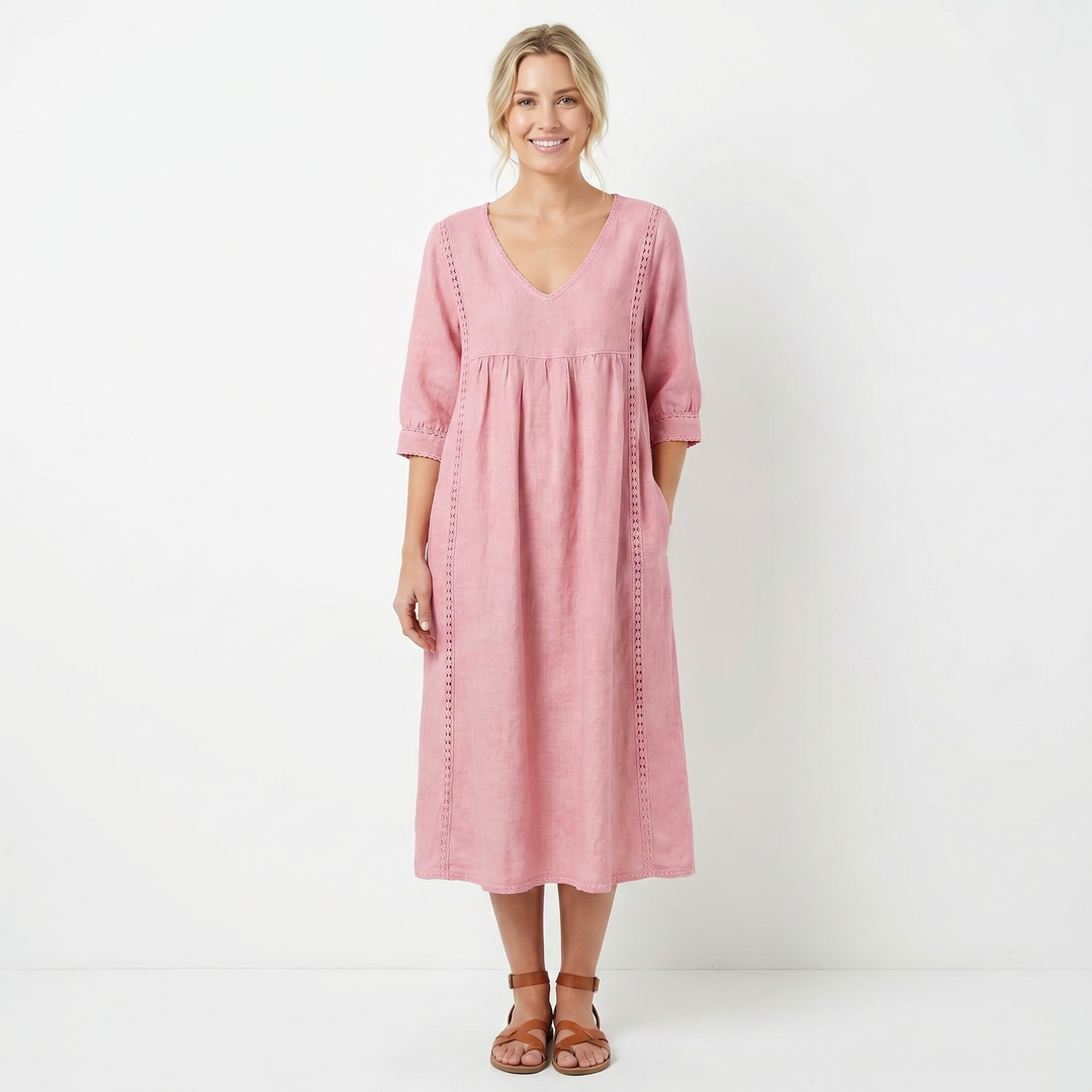 Linen Midi Dress with Pockets - V Neck Lace Trim
