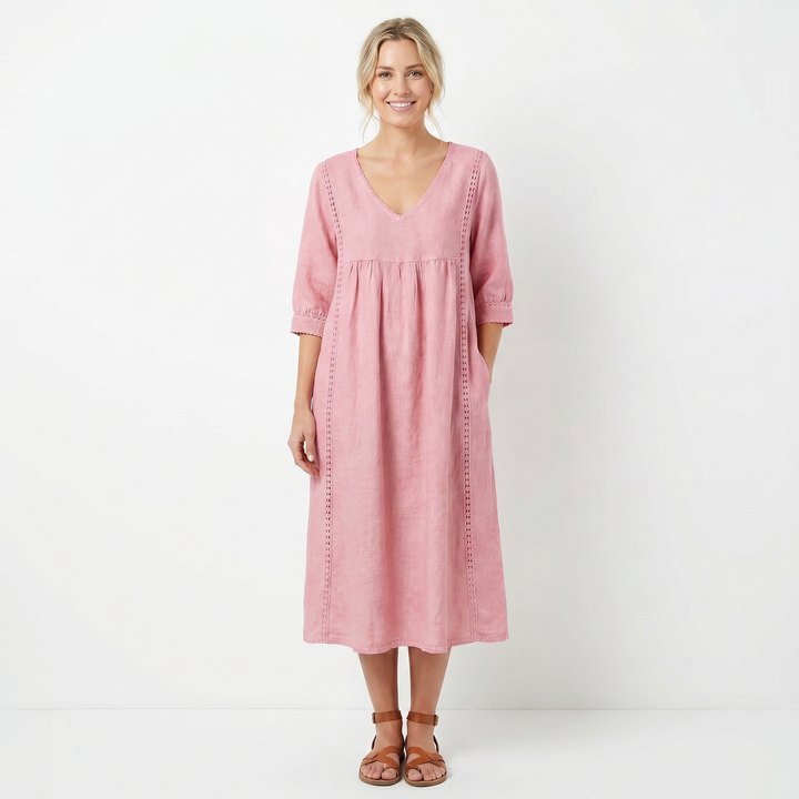 Linen Midi Dress with Pockets - V Neck Lace Trim