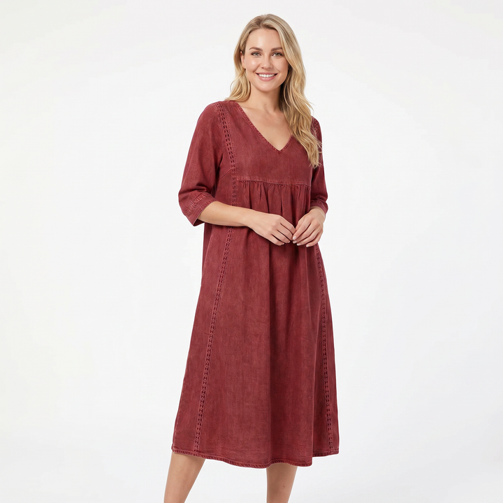 Linen Midi Dress with Pockets - V Neck Lace Trim