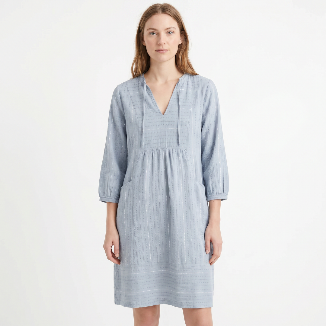 Linen Midi Dress - V Neck Drawstring Relaxed Fit