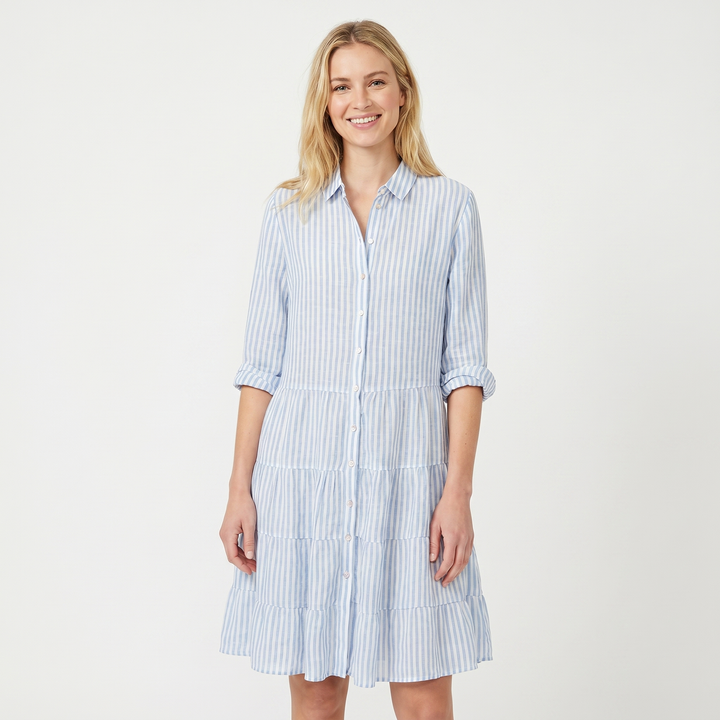 Shirt Dress Women - Tiered Button Down Collared Mini