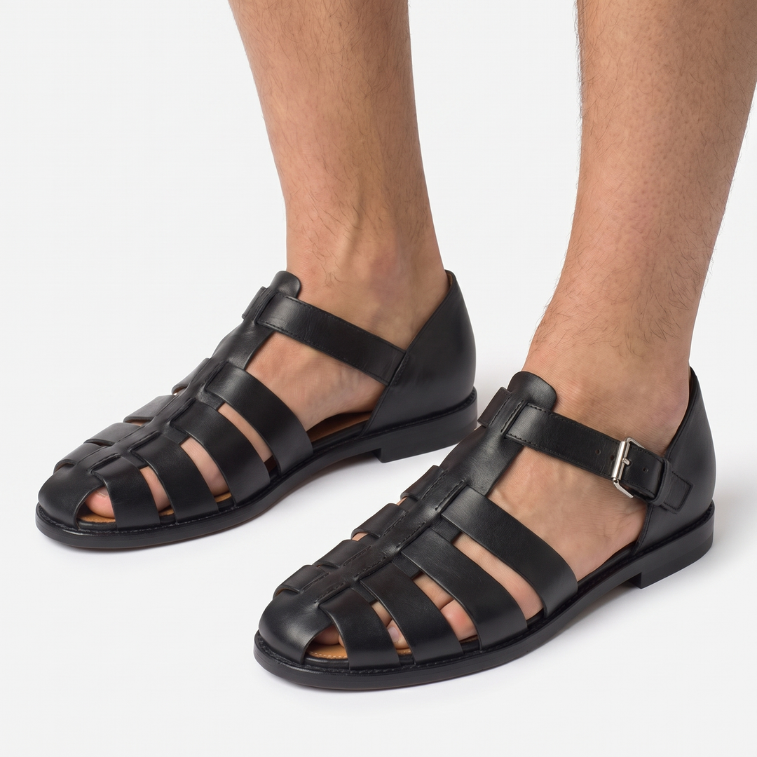 Fisherman Sandals Men - Leather Cage Buckle Strap Flat