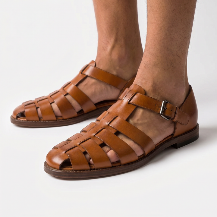 Fisherman Sandals Men - Leather Cage Buckle Strap Flat