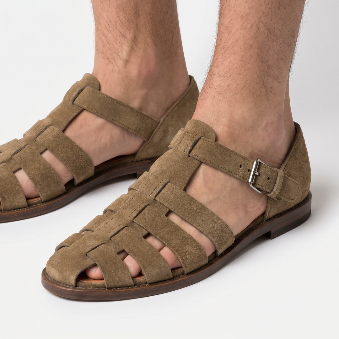 Fisherman Sandals Men - Leather Cage Buckle Strap Flat