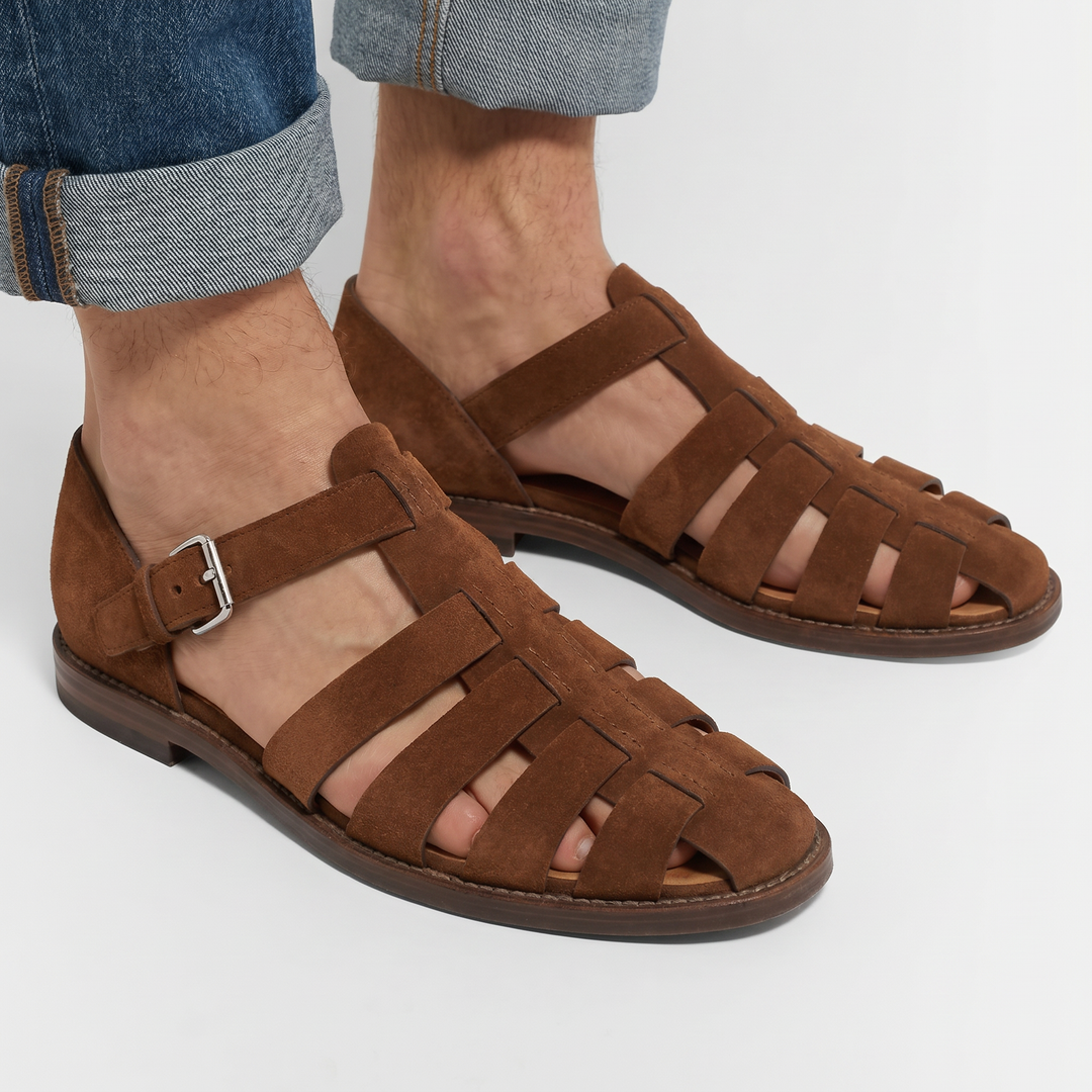 Fisherman Sandals Men - Leather Cage Buckle Strap Flat