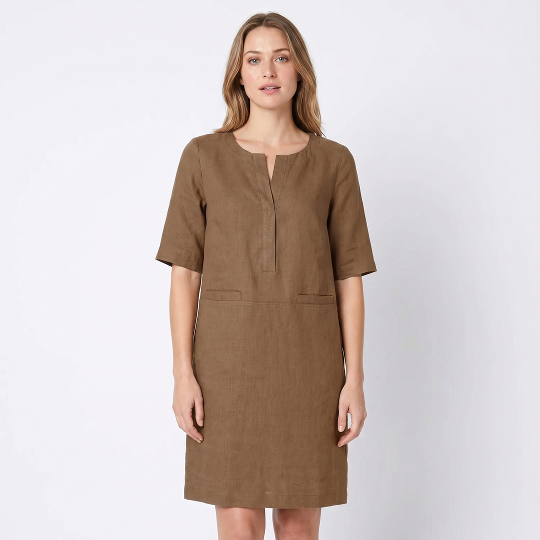 Linen Dress Women - Half Sleeve Shift Midi with Pockets