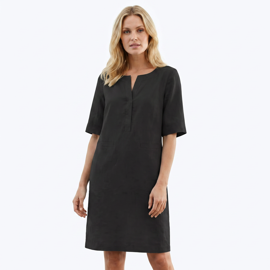 Linen Dress Women - Half Sleeve Shift Midi with Pockets