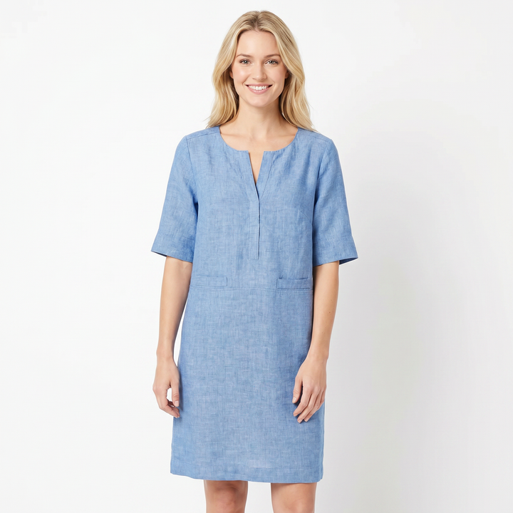 Linen Dress Women - Half Sleeve Shift Midi with Pockets
