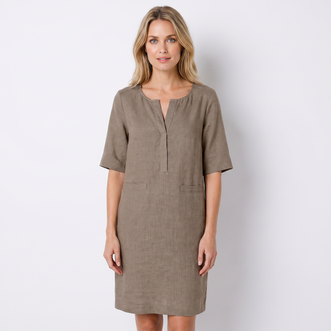 Linen Dress Women - Half Sleeve Shift Midi with Pockets
