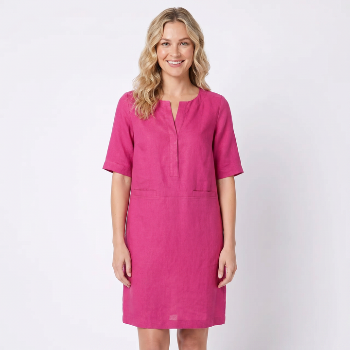 Linen Dress Women - Half Sleeve Shift Midi with Pockets