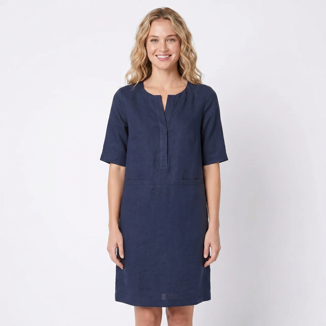 Linen Dress Women - Half Sleeve Shift Midi with Pockets