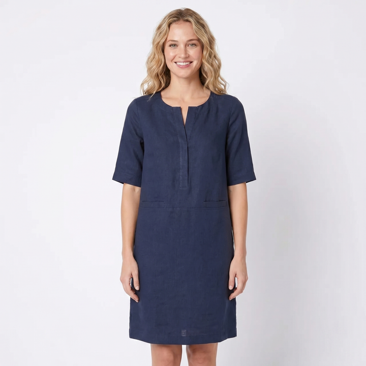 Linen Dress Women - Half Sleeve Shift Midi with Pockets