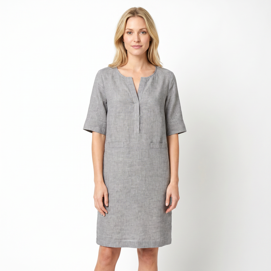 Linen Dress Women - Half Sleeve Shift Midi with Pockets