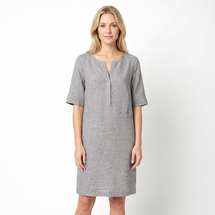 Linen Dress Women - Half Sleeve Shift Midi with Pockets