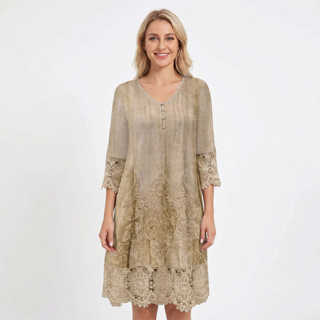 Boho Dress - Lace Trim Embroidered V Neck Midi