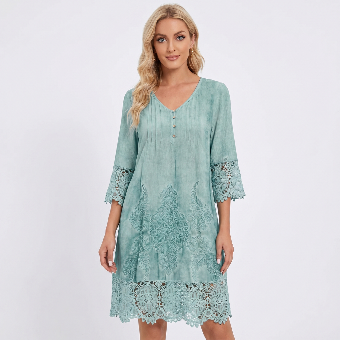 Boho Dress - Lace Trim Embroidered V Neck Midi