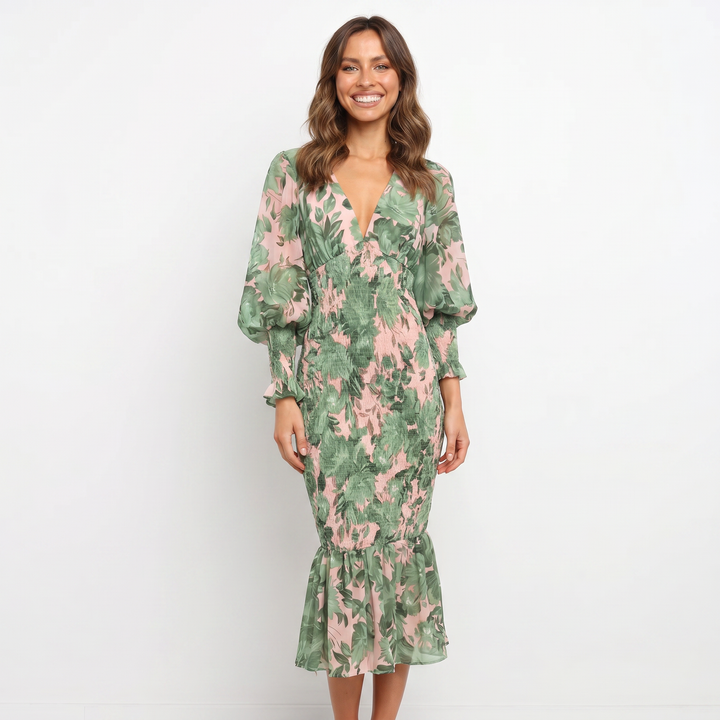 Midi Dress - Deep V Neck Smocked Waist Ruffle Hem