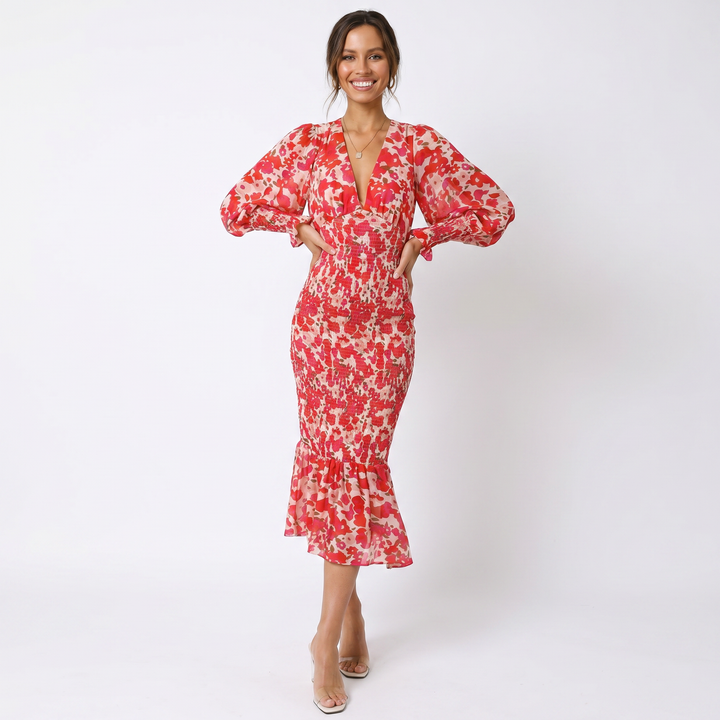 Midi Dress - Deep V Neck Smocked Waist Ruffle Hem