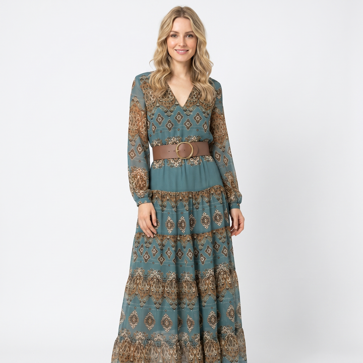 Boho Maxi Dress - V Neck Long Sleeve Tiered Ruffle Hem