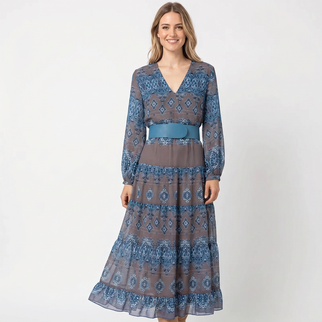 Boho Maxi Dress - V Neck Long Sleeve Tiered Ruffle Hem