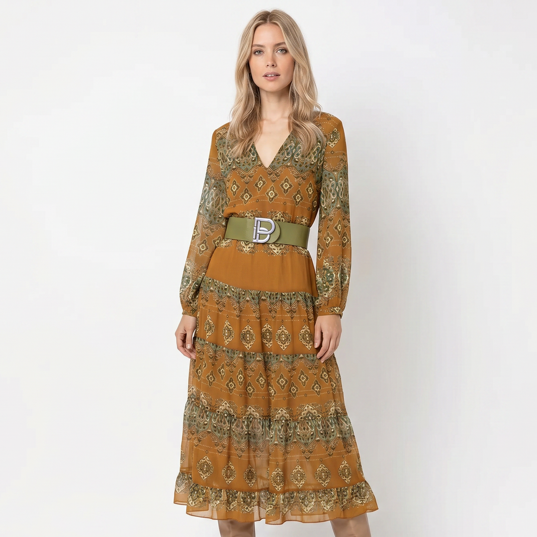 Boho Maxi Dress - V Neck Long Sleeve Tiered Ruffle Hem