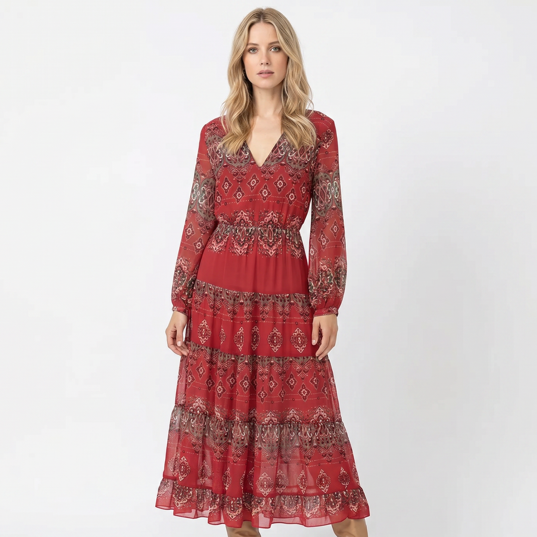 Boho Maxi Dress - V Neck Long Sleeve Tiered Ruffle Hem