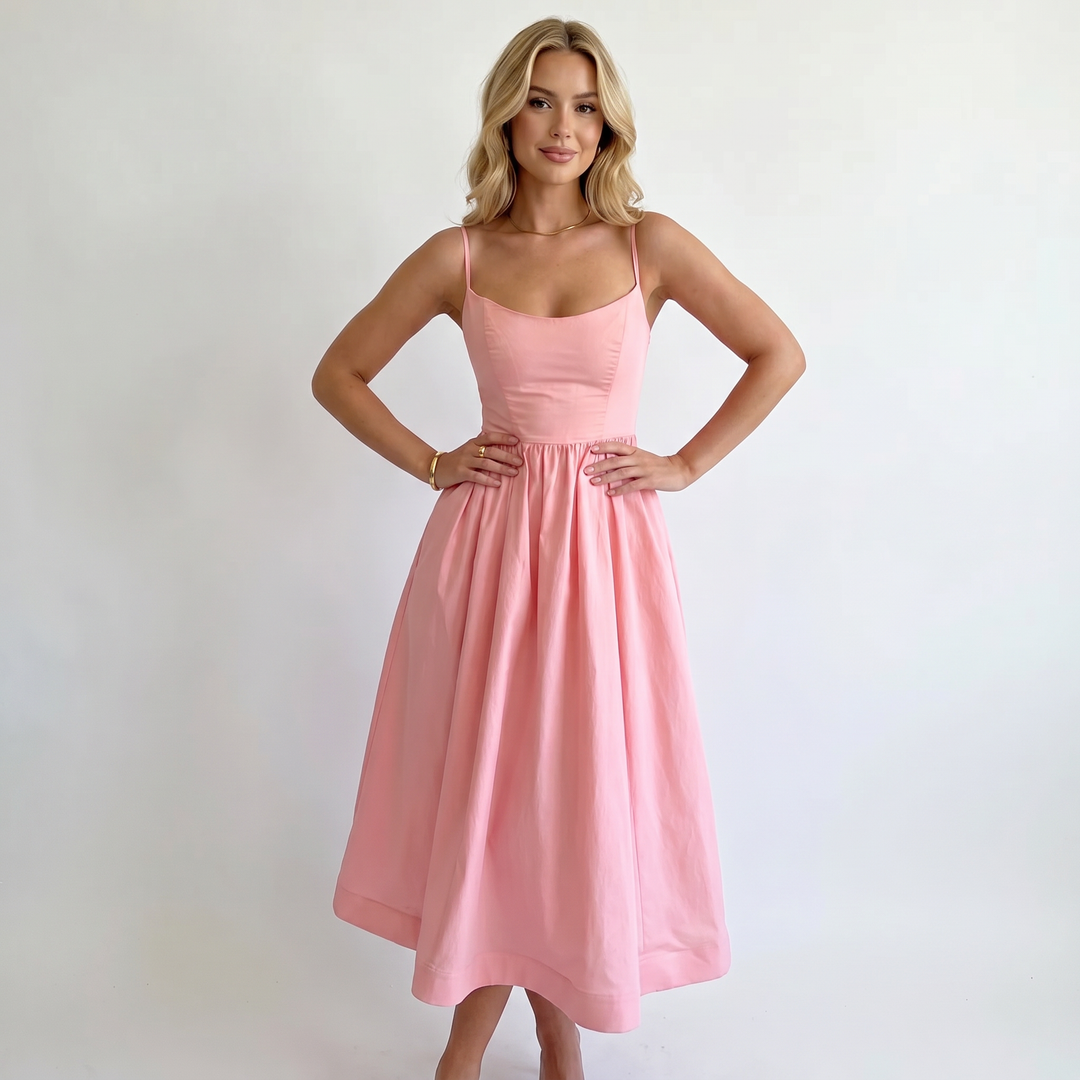 Sundress - Strappy Scoop Neck Full Skirt Midi