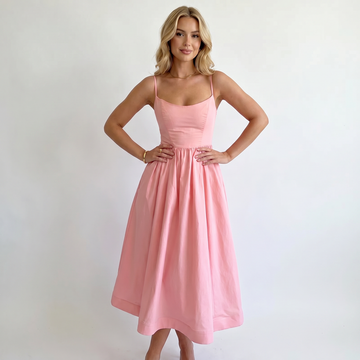 Sundress - Strappy Scoop Neck Full Skirt Midi