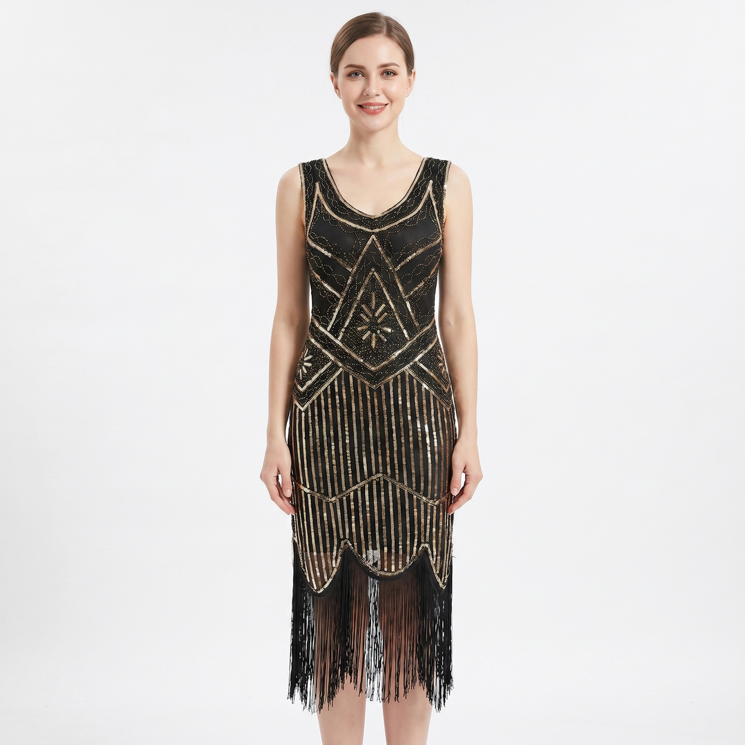 Party Dress - Sequin Fringe Hem Flapper Midi Sleeveless