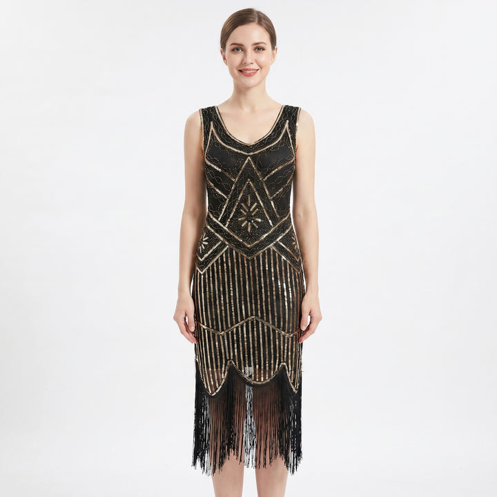 Party Dress - Sequin Fringe Hem Flapper Midi Sleeveless