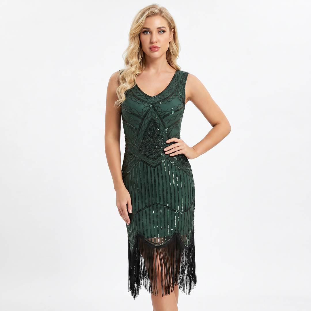 Party Dress - Sequin Fringe Hem Flapper Midi Sleeveless