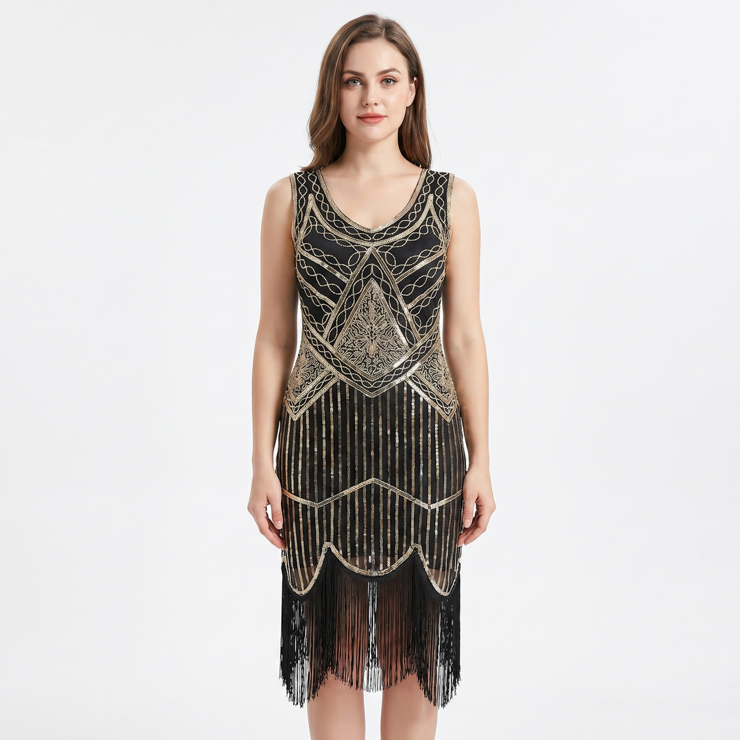 Party Dress - Sequin Fringe Hem Flapper Midi Sleeveless