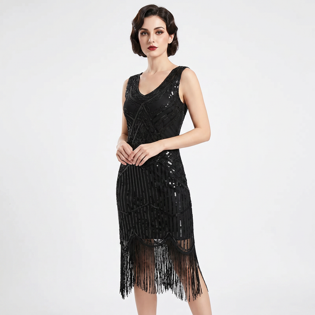 Party Dress - Sequin Fringe Hem Flapper Midi Sleeveless