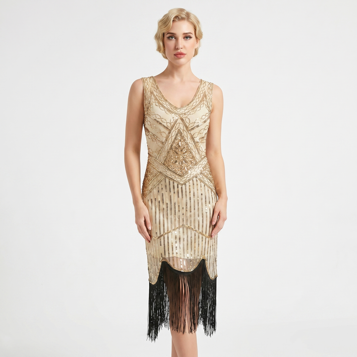 Party Dress - Sequin Fringe Hem Flapper Midi Sleeveless