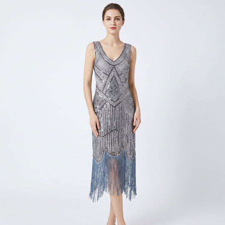 Party Dress - Sequin Fringe Hem Flapper Midi Sleeveless