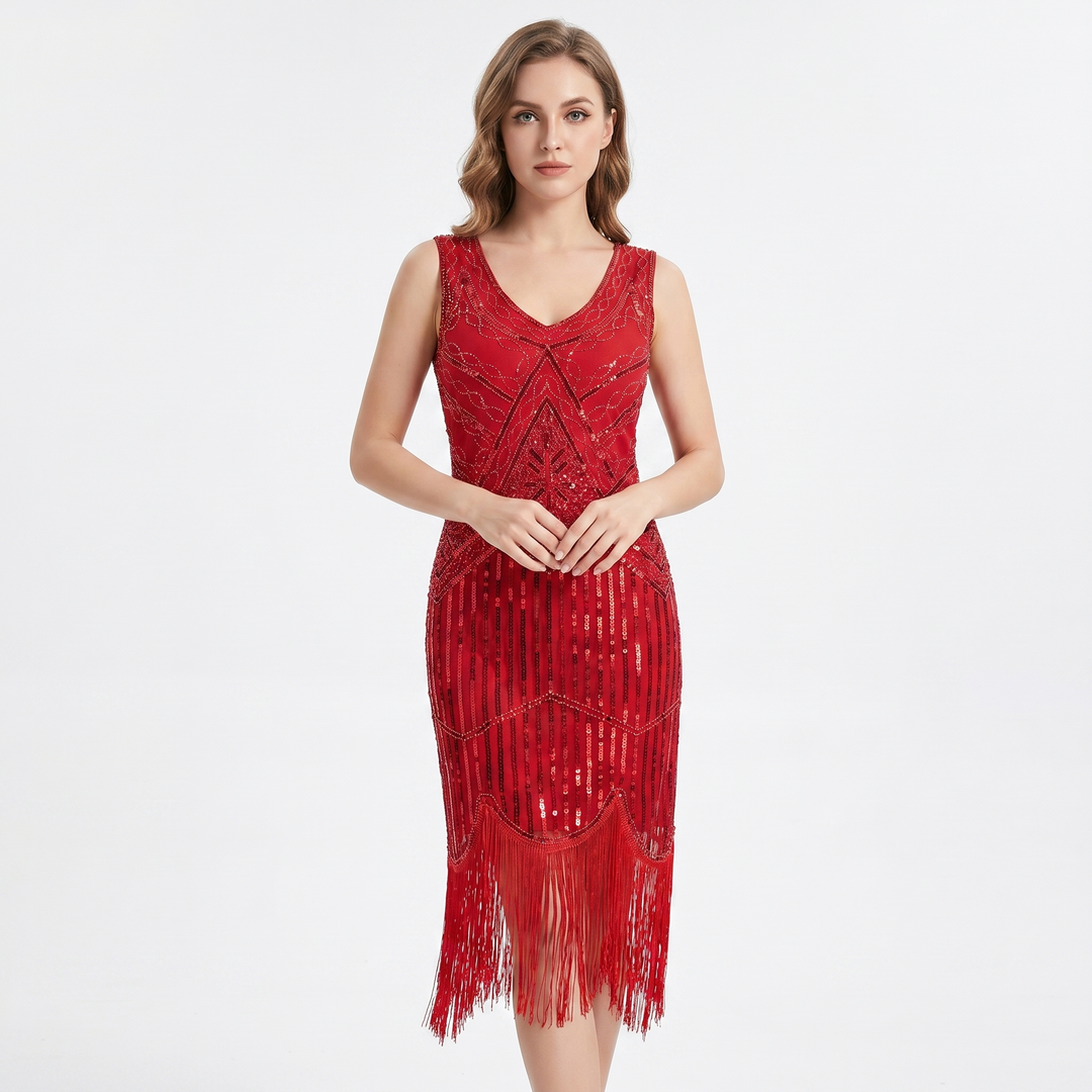 Party Dress - Sequin Fringe Hem Flapper Midi Sleeveless
