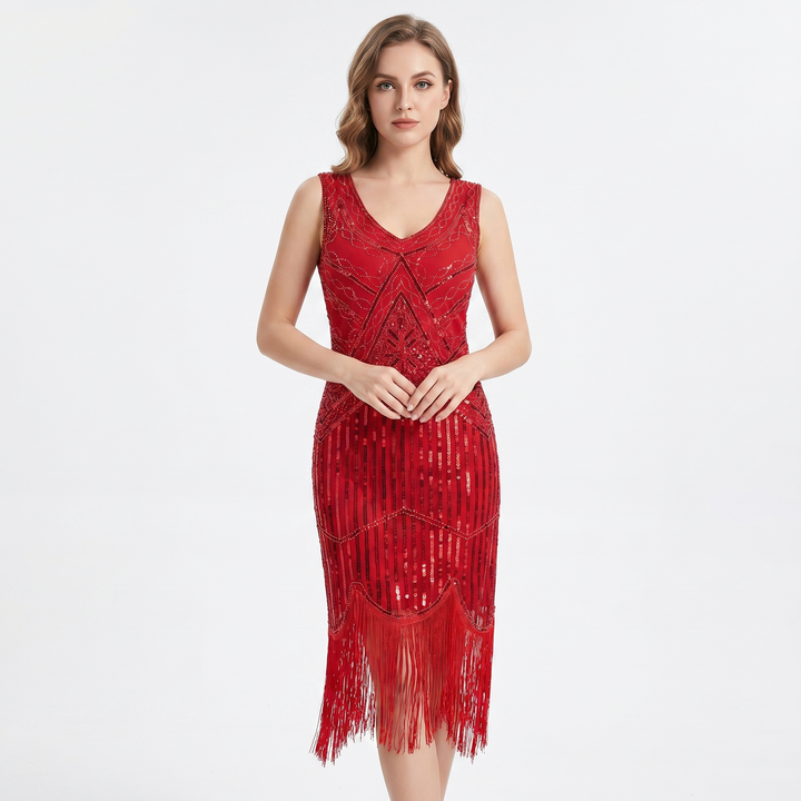 Party Dress - Sequin Fringe Hem Flapper Midi Sleeveless