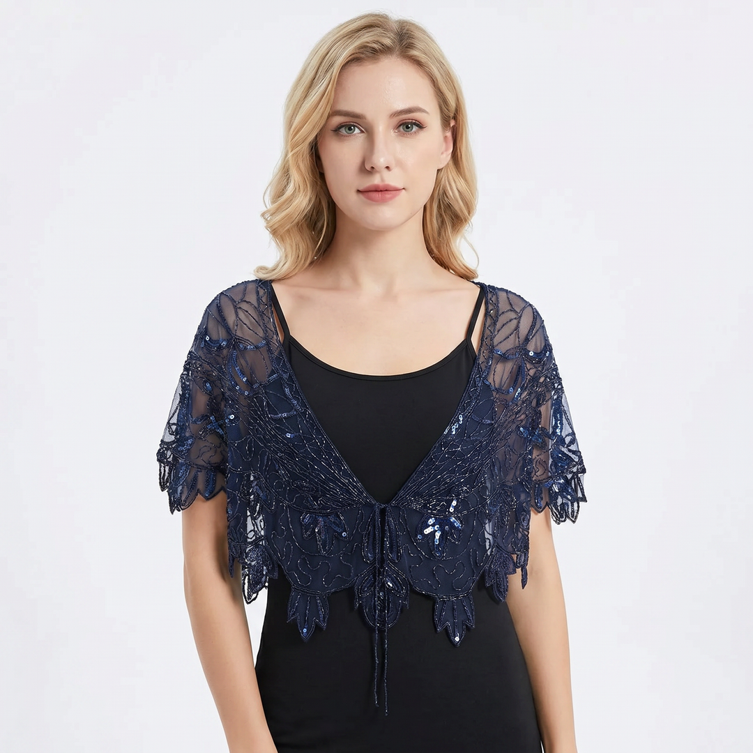 Sheer Tops - Sequin Beaded Mesh Capelet Evening Shawl