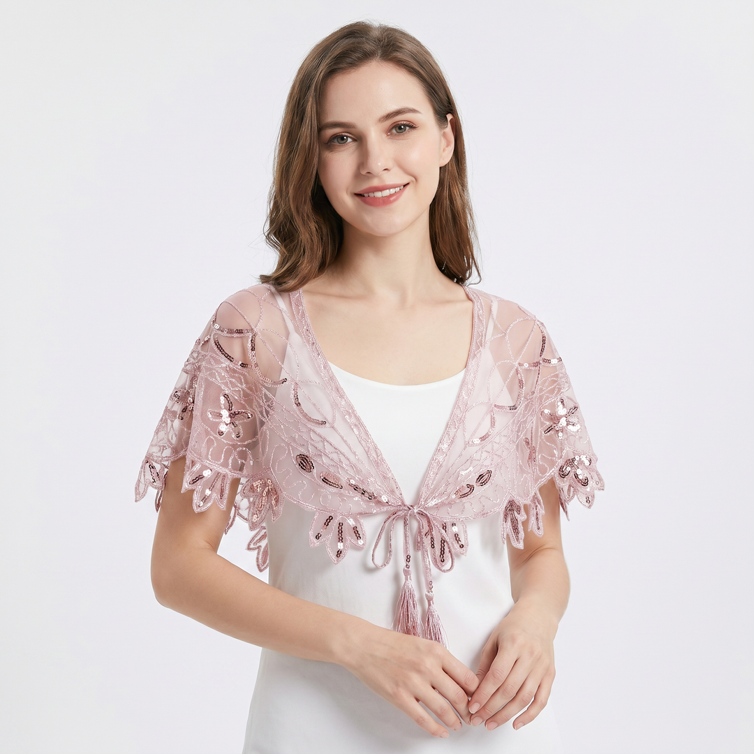 Sheer Tops - Sequin Beaded Mesh Capelet Evening Shawl