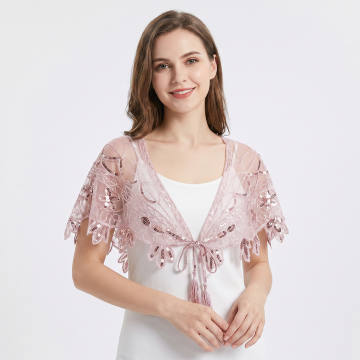 Sheer Tops - Sequin Beaded Mesh Capelet Evening Shawl