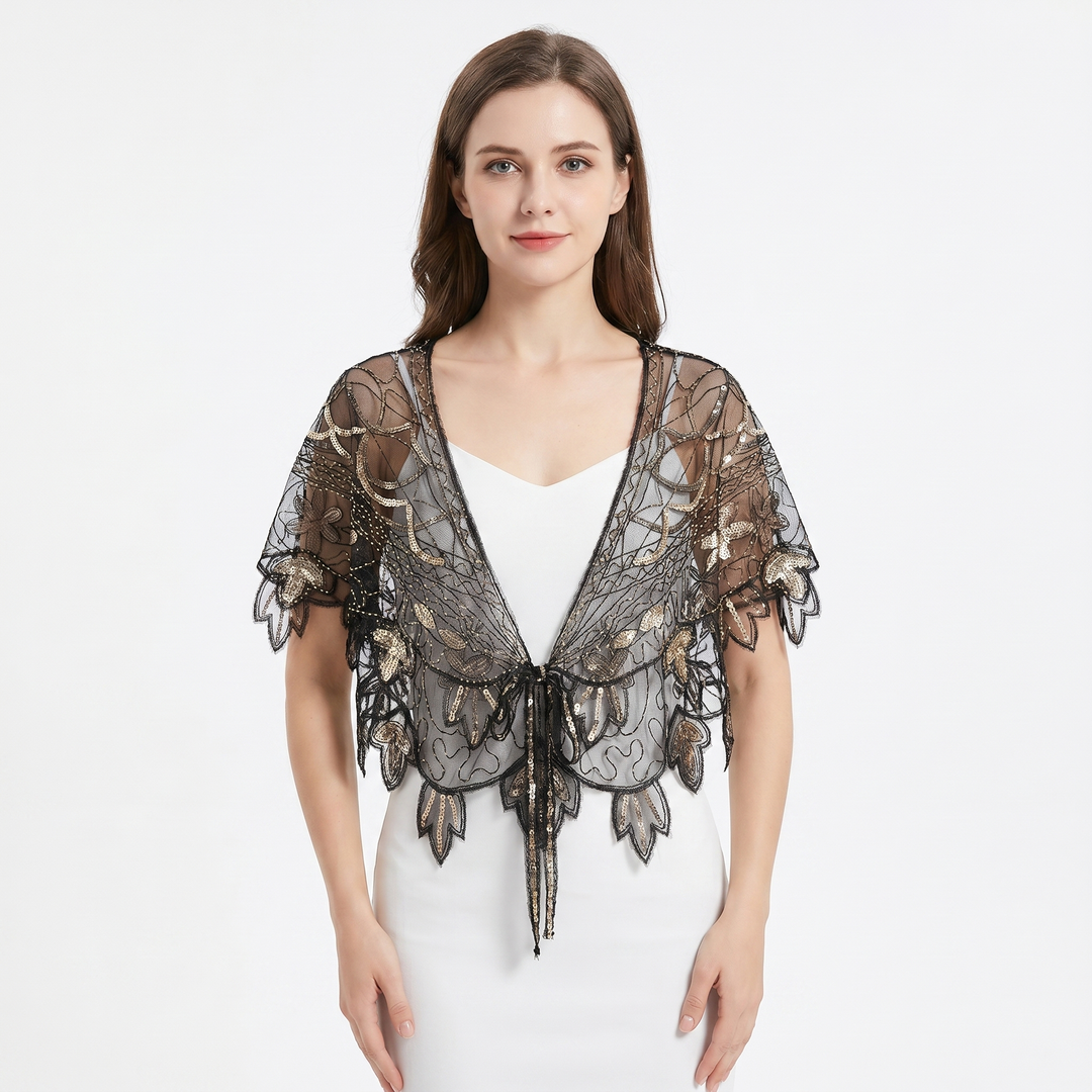 Sheer Tops - Sequin Beaded Mesh Capelet Evening Shawl