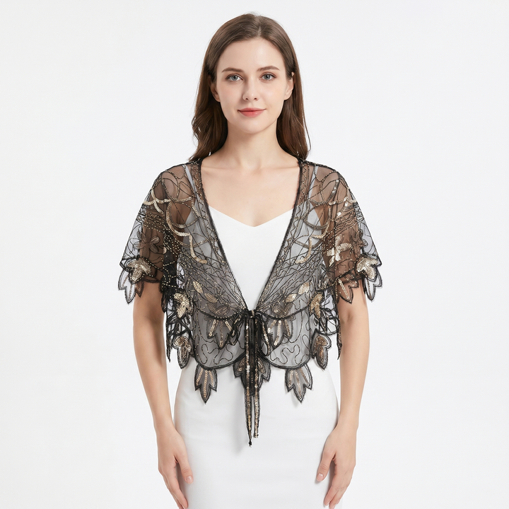 Sheer Tops - Sequin Beaded Mesh Capelet Evening Shawl
